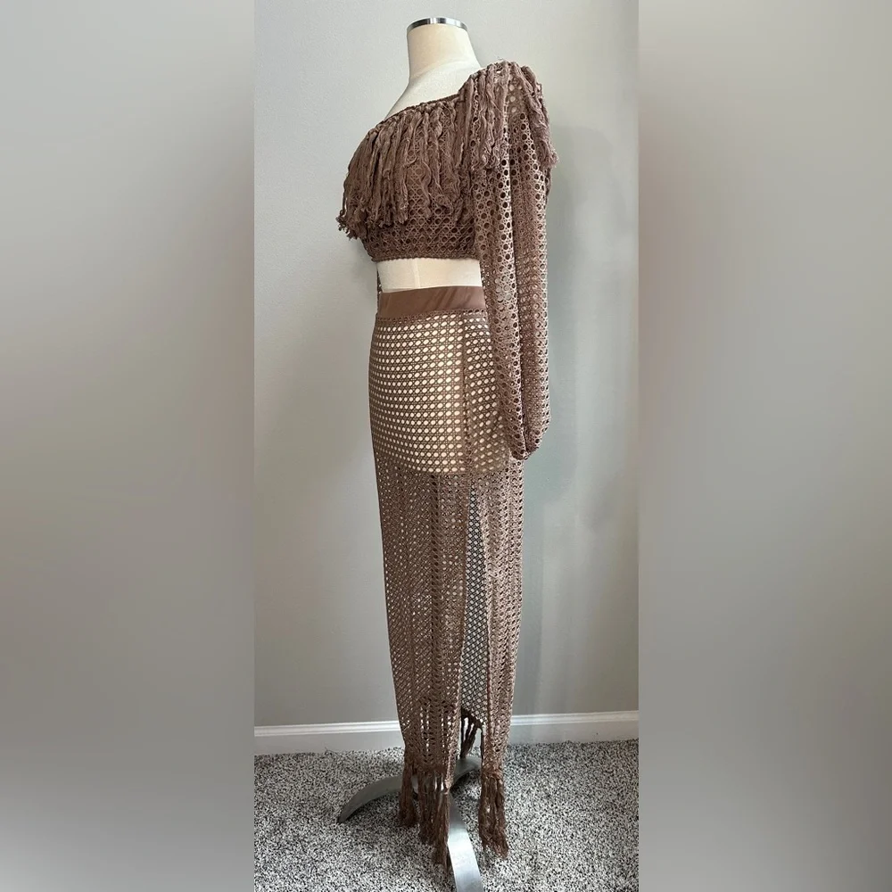 Brown Crochet 2-Piece Swimsuit Cover-Up Set – Size Large
